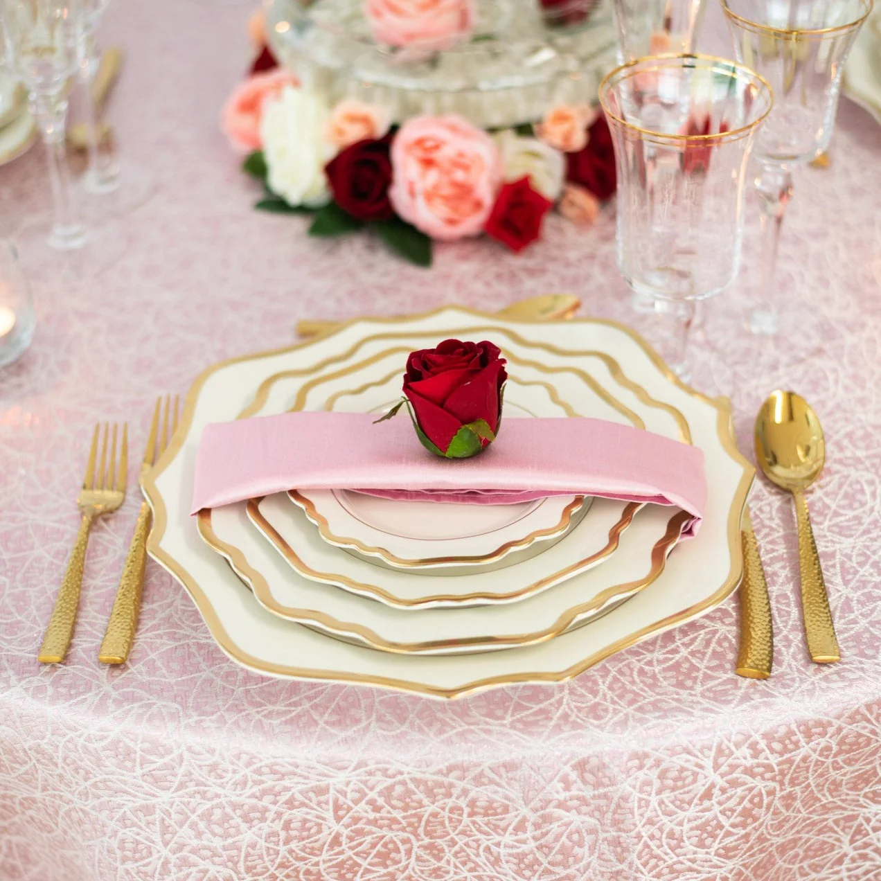 85 in. Square Abstract Silk Embroidered Polyester Tablecloth Light Pink - Image 3