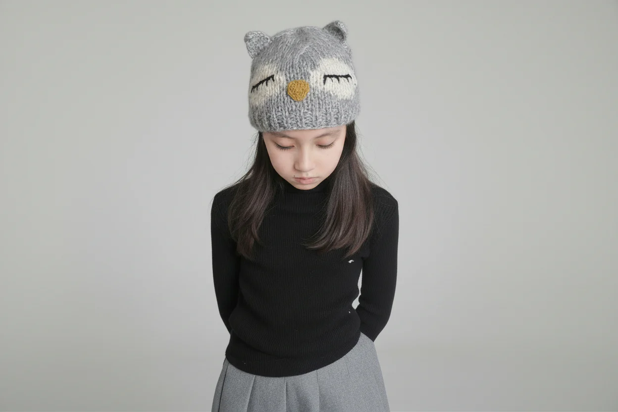 Kids Knit Beanie w/ Sleeping Owl Face - Image 3