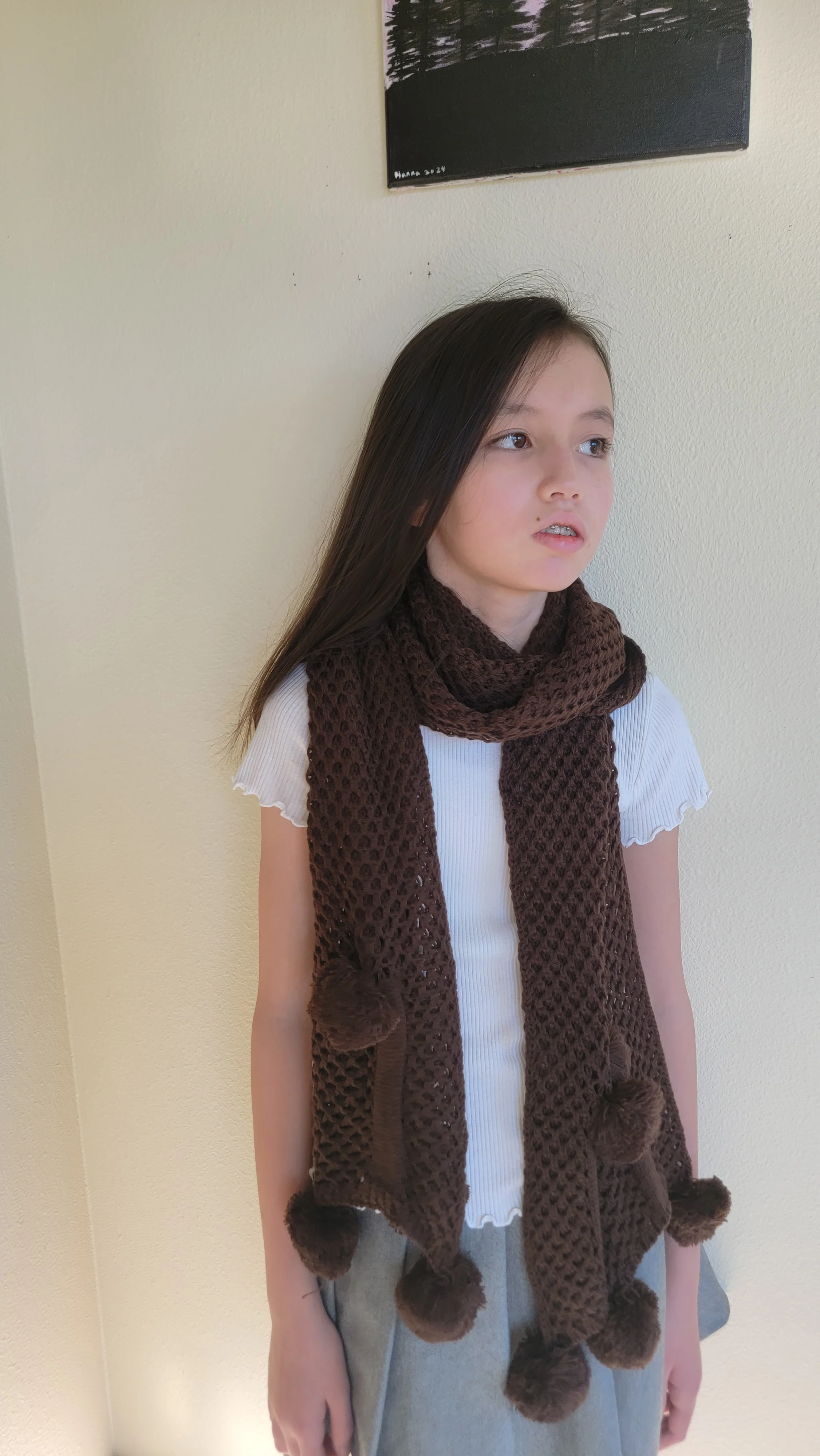 Scarf With Pom Pom Acrylic Brown - Image 3